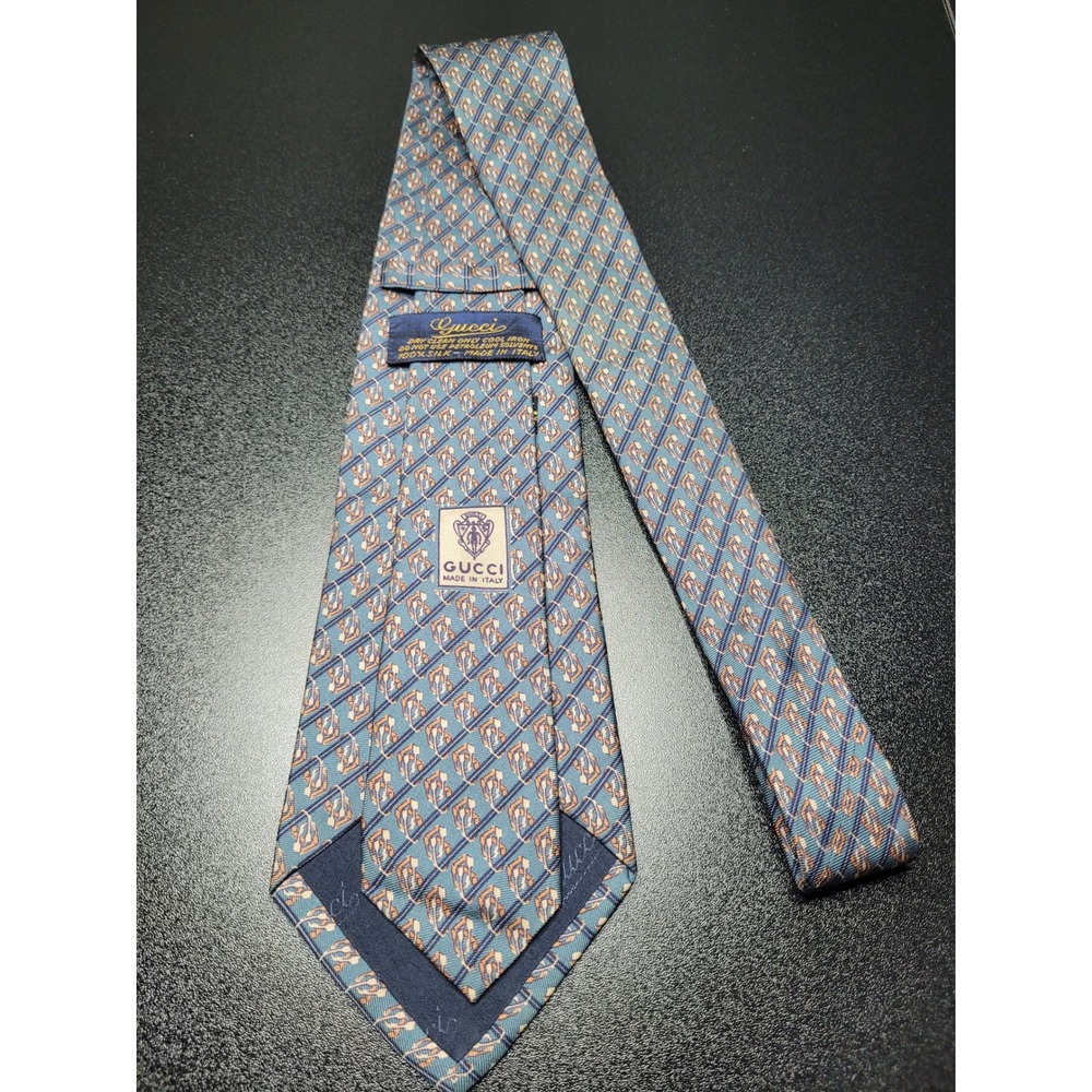 Gucci Men's Necktie Blue Geometric Stirrup 100% Silk 3.5" x 58" Excellent - Picture 7 of 9